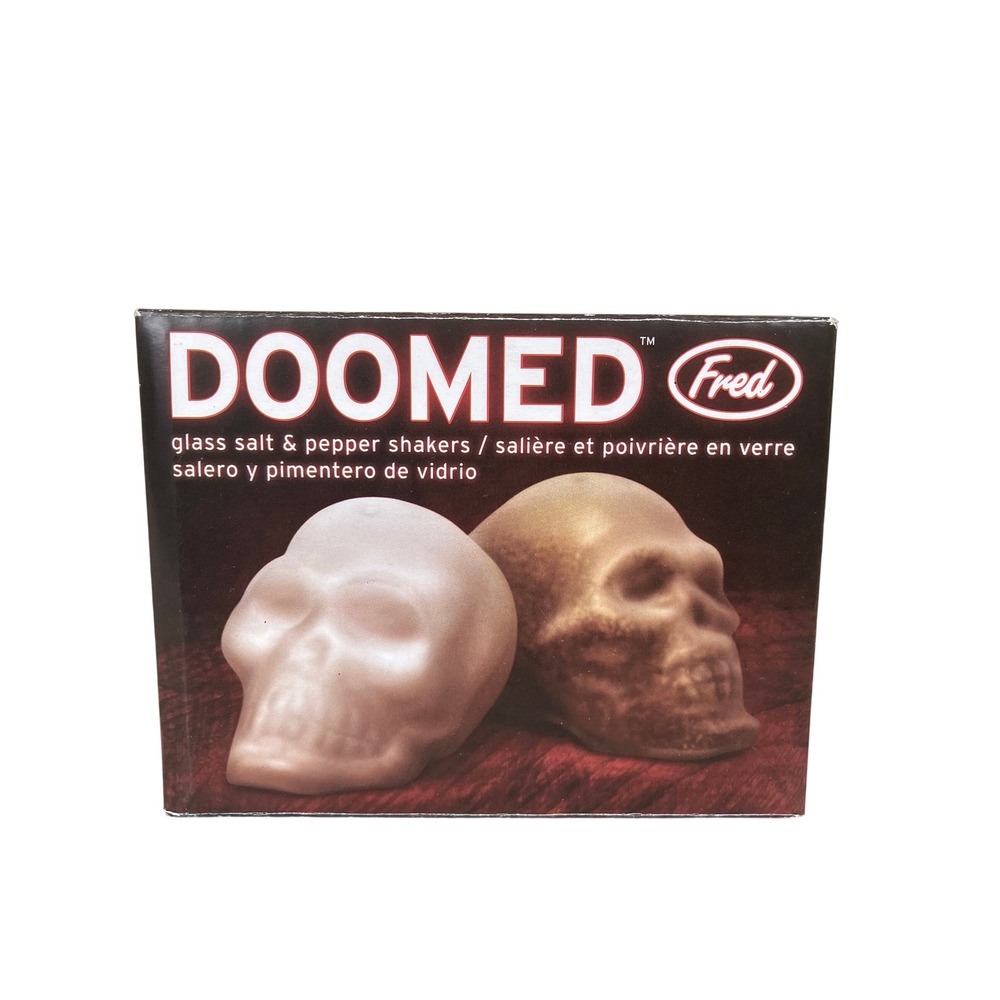 Fred Doomed Skull Glass Salt And Pepper Shaker Set NIB Goth‎ Anatomy Halloween